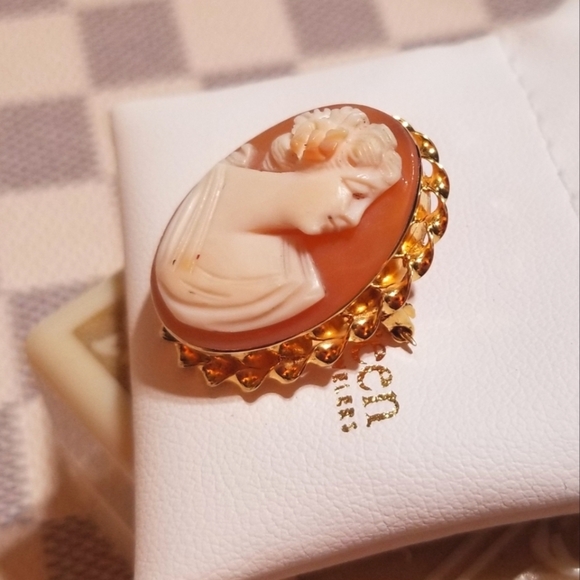 Vtg SOLID 10KT GOLD Hand Carved Shell Cameo Brooch - Picture 3 of 6